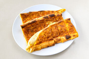 Kiymali pide. Turkish pide with minced meat. Turkish pizza mince pita Pide on white background. Etli ekmek. Kusbasi kasarli pide.