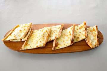 Kiymali pide. Turkish pide with minced meat. Turkish pizza mince pita Pide on white background. Etli ekmek. Kusbasi kasarli pide.