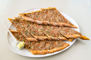 Kiymali pide. Turkish pide with minced meat. Turkish pizza mince pita Pide on white background. Etli ekmek. Kusbasi kasarli pide.