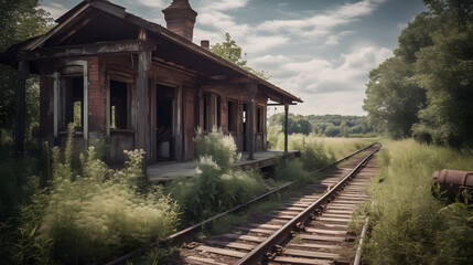 Fototapeta na wymiar Fascinating image of an abandoned train station, with the weathered and rusting railway tracks and platform, showcasing the beauty of decay and the passage of time
