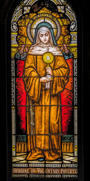Saint Clare of Assisi stained glass, Phoenix, Arizona. Annunciation angel, follower of Saint Francis.