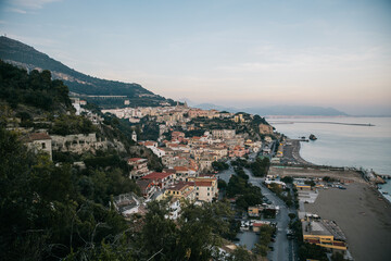 Fototapeta na wymiar Sunset View of the town of Amalfi in Italy on the Mediterranean Sea