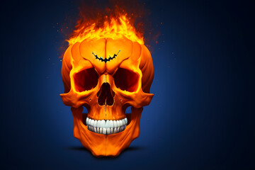 Obraz premium Orange burning skull with white teeth on a dark blue background. Halloween holiday. Generative AI