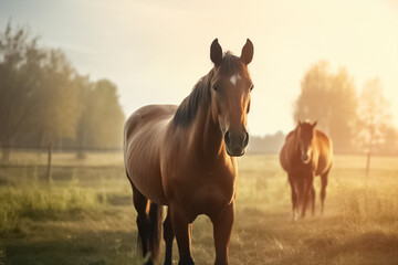 Thoroughbred horses walking on a meadow. Horses grazing in pasture. 