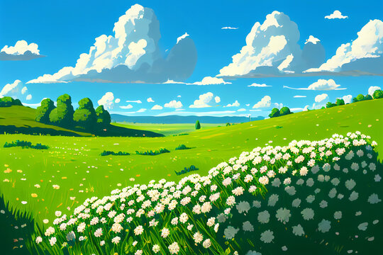 Cartoon meadow spring country meadow landscape background of a springtime green pasture field with a blue summer sky and fluffy summertime clouds, computer Generative AI stock illustration image