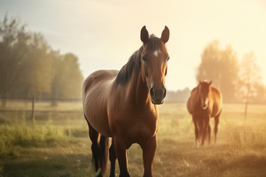 Thoroughbred horses walking on a meadow. Horses grazing in pasture. 