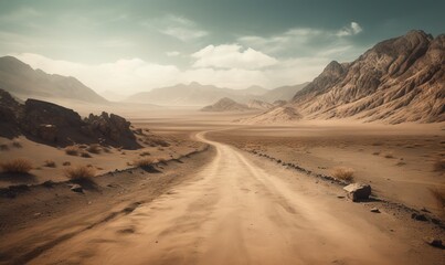 Fototapeta na wymiar a dirt road in the middle of a desert with mountains in the background. generative ai