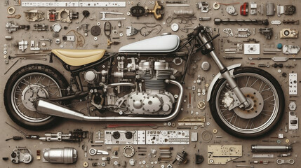 Annual knolling poster of cafe racer motorcycle. Generative AI