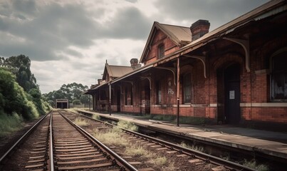 Fototapeta na wymiar a train station with a train on the tracks and a cloudy sky. generative ai