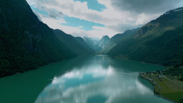 Lake Oldevatnet in Norway with a View to the Briksdalsbreen Glacier