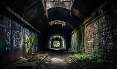  a dark tunnel with graffiti on the walls and a light at the end.  generative ai