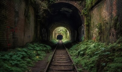  a train track going through a tunnel with a person walking down it.  generative ai