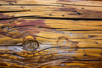 Grange wooden surface close up. Brown orange natural wood with cracks background. An old cracked tree trunk. Carpentry works, wood protection. Abstract wooden backdrop macro photo. Natural cracks.