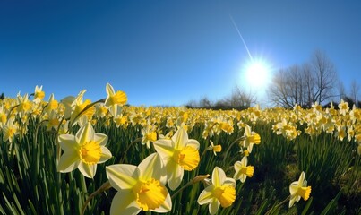 Fototapeta premium a field full of yellow daffodils under a blue sky. generative ai