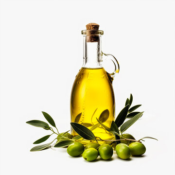 A bottle of olive oil next to a bunch of olives. Generative AI