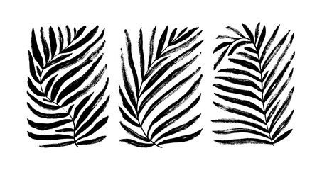Set of Matisse inspired geometric leaves. Brush drawn black leaves with dry brush texture. Vector contemporary organic shapes. Abstract geometric palm branches in rectangle shapes.