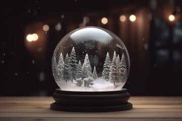 Fototapeta na wymiar Snow globe, snowy landscape, pine trees, generative AI