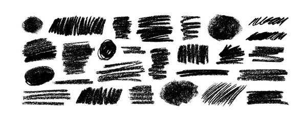 Charcoal pencil scribbles and bold strokes collection. Hand drawn vector lines, circles and thick shapes. Scribble black strokes vector set. Marker, crayon and chalk drawing. Sketch texture.