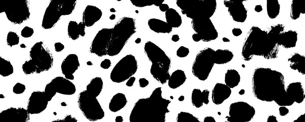 Obraz na płótnie Canvas Dalmatians vector seamless horizontal pattern. Spotted animal texture, cow or dalmatian skin ornament. Hand drawn seamless banner with modern stylized skin. Brush irregular black smears.