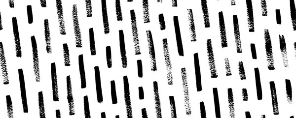 Diagonal stripes seamless pattern. Brush drawn dashed parallel short lines in grunge style. Rain or tech motif. Vector black brush strokes. Stylish monochrome striped texture. Contemporary pattern.