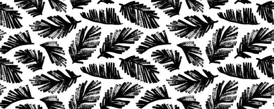 Seamless exotic pattern with palm leaves. Brush drawn tropical leaves wallpaper. Handdrawn vector ink illustration. Botanical texture design for print and wallpaper. Grunge style tropical foliage.