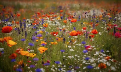  a field full of colorful flowers with a lot of grass.  generative ai