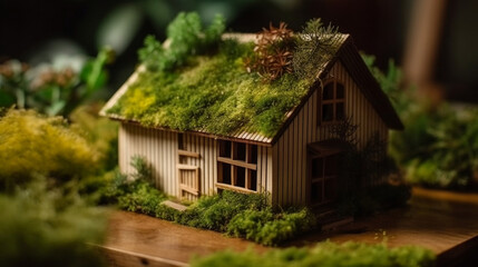 Fototapeta na wymiar Eco house. Green and environmentally friendly housing concept. Miniature wooden house in spring grass. Generative AI.
