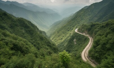  a winding road in the middle of a lush green valley.  generative ai