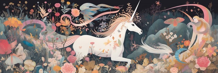 Fairy tale-inspired collage featuring mystical creatures like unicorns, dragons, and griffins in a fantastical forest setting, concept of Magical Realism, created with Generative AI technology