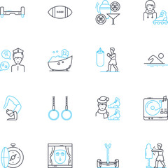 Fun fair linear icons set. Carousel, Ferris wheel, Rollercoaster, Funhouse, Bumper cars, Candy-floss, Popcorn line vector and concept signs. Games,Arcade,Thrillrides outline illustrations