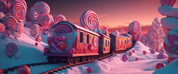 Santa's Christmas train with candies in the snow, xmas. Generative AI
