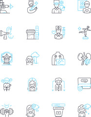 Health supervision linear icons set. Checkups, Prevention, Screening, Diagnosis, Management, Observance, Compliance line vector and concept signs. Follow-up,Monitoring,Assessment outline illustrations