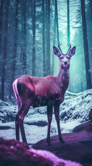 Reindeer in front of waterfall in mountains with dark forest covered in snow. AI generative illustration of polar landscape