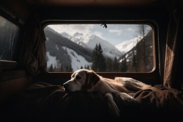 A dog lying on cozy bed inside of camper van with view on mountains. Generative ai