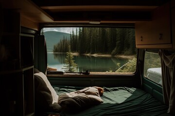 Cozy interior in a camping van with nature view. Generative ai