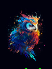 A colorful owl with a black background. Generative AI