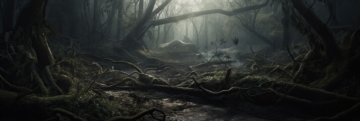 An eerie, otherworldly image depicting a dark, twisted forest choked with invasive species and sickly plants, concept of Environmental decline, created with Generative AI technology