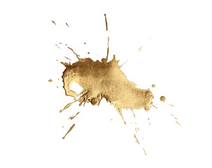 Gold bronze glitter brushstroke painting smear drop blot. Abstract glow shine stain on  white...
