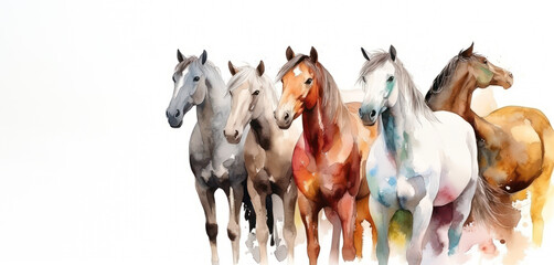 Fototapeta premium Spirit Horses Watercolor, A Peaceful and Colorful Row of Wild Horses. Generative AI