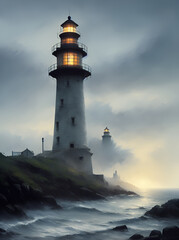 Cartoon style painting of Lighthouse. Concept. AI generated illustration