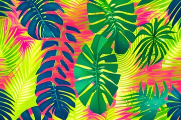 Fototapeta na wymiar Tropical bright colorful background with exotic painted tropical palm leaves , wallpaper - generative ai 
