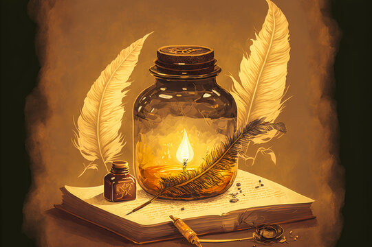 Antique illustration evoking vintage elegance with a quill pen and brass inkwell illuminated by a warm light. Warm, muted colors. Generative AI