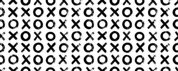 Seamless pattern with cross marks and circles. Abstract simple geometric background with x and o. Geometric wrapping paper, textile vector fill. Hand drawn brush strokes. Tile x o noughts and crosses.