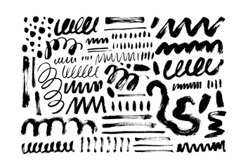 Wavy and swirled brush strokes isolated on white background. Vector scribbled geometric shapes, squiggle lines, messy dots collection. Brush drawn chaotic curly lines. Expressive childish style. - obrazy, fototapety, plakaty