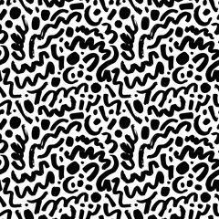 Fototapeta na wymiar Line doodle seamless pattern with blobs. Hand drawn curved brush strokes and dots. Creative abstract style art background. Expressive seamless vector pattern. Messy doodles, bold curvy lines.