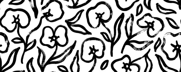 Naive style flowers seamless pattern. Brush drawn botanical silhouettes. Brush black loose leaves and flowers vector seamless ornament. Trendy botanical elements, abstract blossoms. 