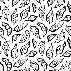 Tropical leaves seamless pattern. Hand drawn vector botanical background. Brush drawn jungle plants, exotic leaves wallpaper. Foliage organic background. Botanical design for print and wallpaper.
