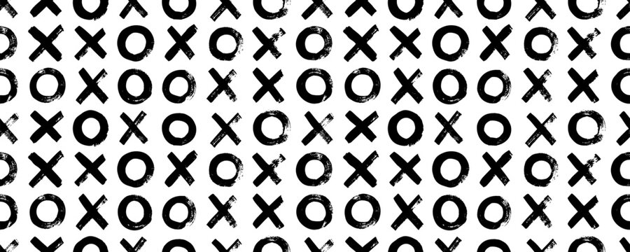 Seamless pattern with cross marks and circles. Abstract simple geometric background with x and o. Geometric wrapping paper, textile vector fill. Hand drawn brush strokes. Tile x o noughts and crosses.