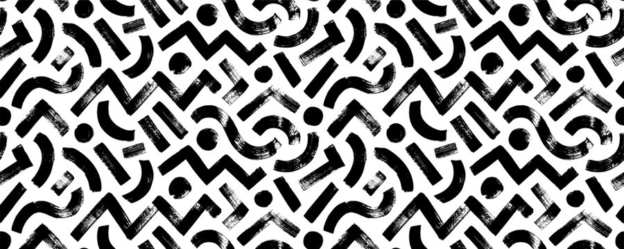 Hand drawn seamless pattern with geometric lines. Brush drawn bold stripes, dots and curved lines. Vector repeating geometric texture. Zigzag stripes. Brush scribbles decorative texture.