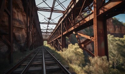  a painting of a train track going under an old bridge.  generative ai